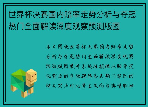 世界杯决赛国内赔率走势分析与夺冠热门全面解读深度观察预测版图